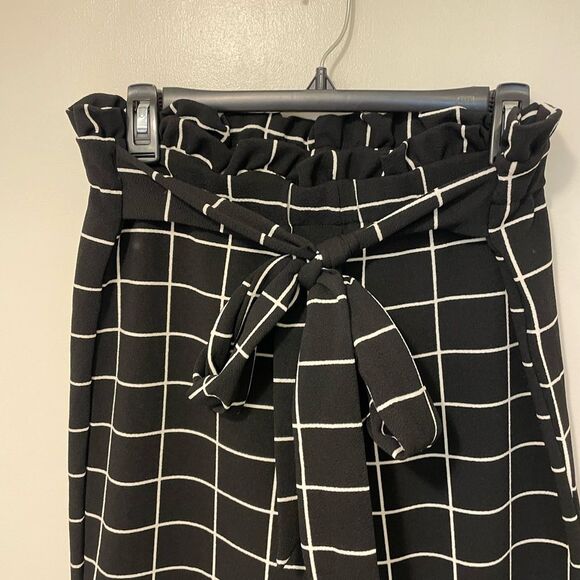 SHEIN MOOSTA Grid Print Paperbag Waist Belted Wide Leg Pants geometric XL sz 12 - Picture 3 of 8